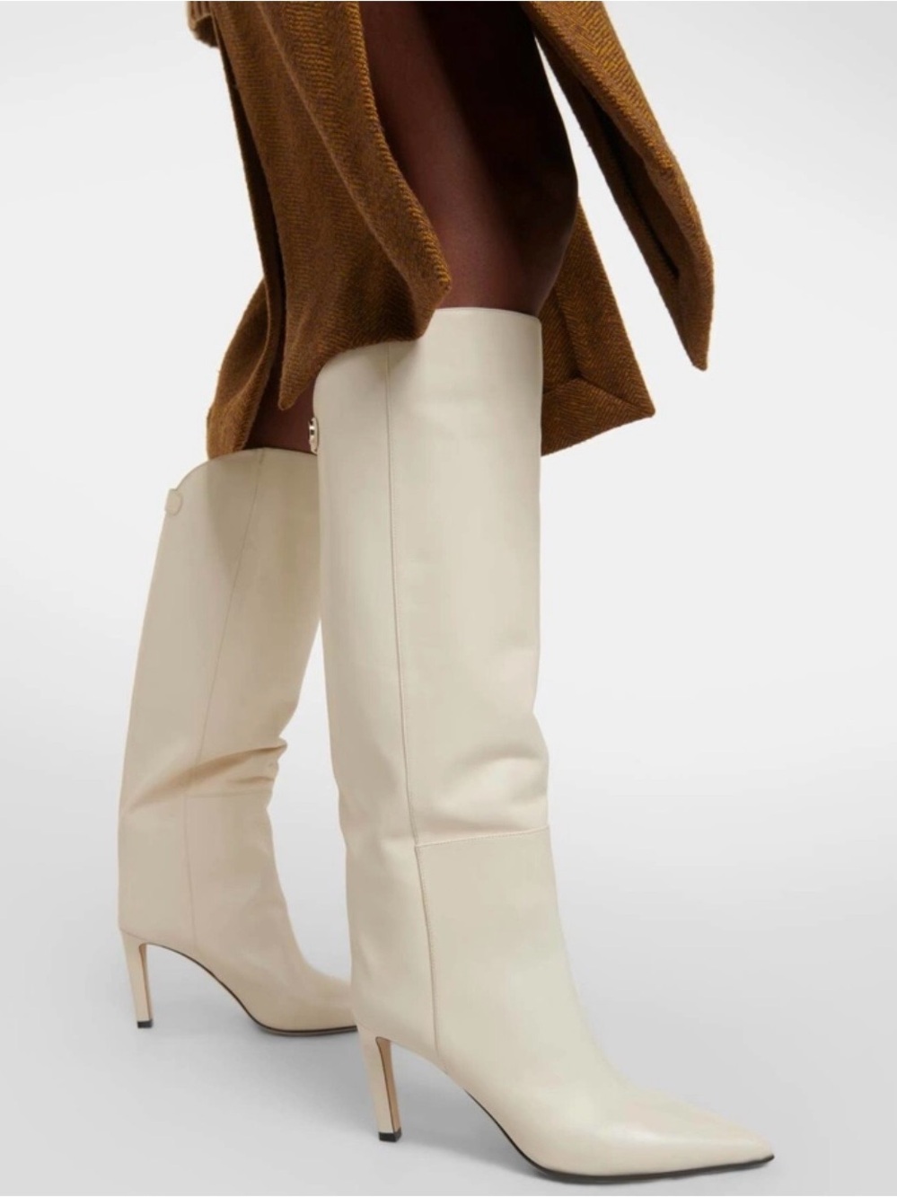 Jimmy Choo Knee-High Pointed-Toe Stiletto Boots in Cream